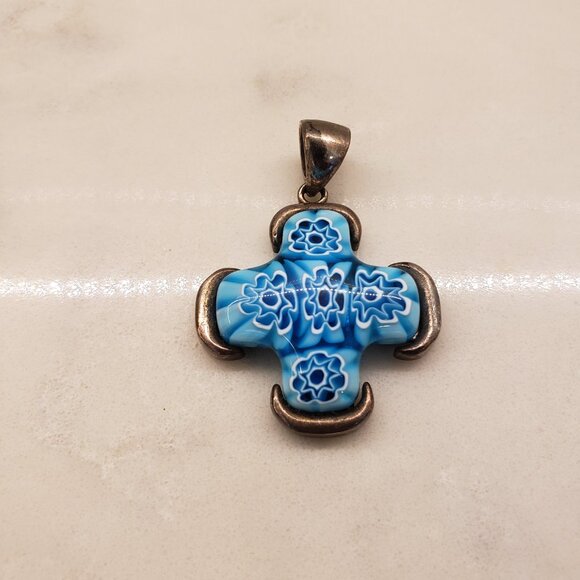 Blue Millefiori Murano Glass And Sterling Silver 925 Cross Pendant - Picture 2 of 8